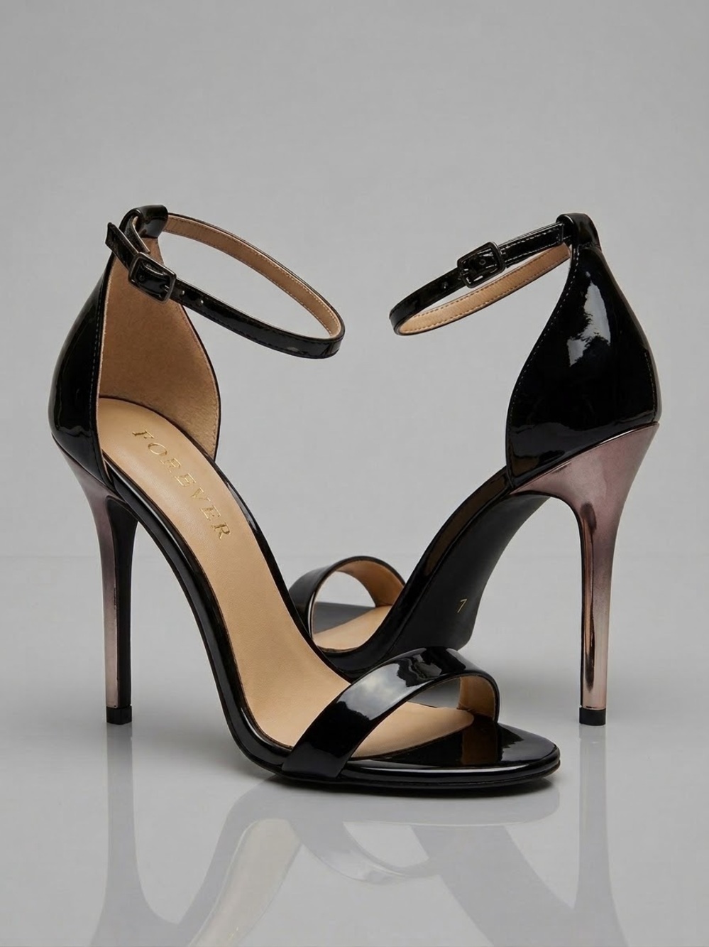 Forever 21 Black Patent Ankle-Strap Stiletto Sandals with Metallic Heel